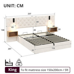 Btm 5Ft King Upholstered Bed Frame With Hydraulic Storage Velvet Tufted Headboard Charging Station Reading Light Beige No Mattress - thumbnail 9