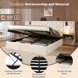 Btm 5Ft King Upholstered Bed Frame With Hydraulic Storage Velvet Tufted Headboard Charging Station Reading Light Beige No Mattress - thumbnail 8