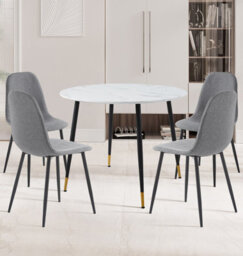Hallowood Furniture Finley Small Round Dining Table In Marble Finish With 4 Dark Grey Fabric Chairs - thumbnail 1