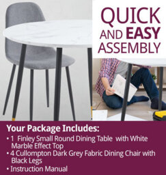Hallowood Furniture Finley Small Round Dining Table In Marble Finish With 4 Dark Grey Fabric Chairs - thumbnail 7