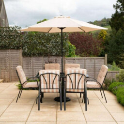 Primrose 6 Seater Garden Furniture Dining Set With Reversible Cushions Table And Parasol In Beige - thumbnail 2