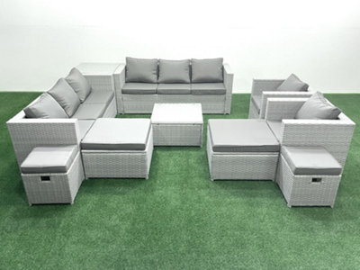 Fimous Garden Outdoor Furniture Set 12 Seater Rattan Sofa Set 4 Stools Side Table Light Grey - image 1