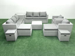 Fimous Garden Outdoor Furniture Set 12 Seater Rattan Sofa Set 4 Stools Side Table Light Grey - thumbnail 2