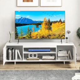 Gainoom White Tv Stand For Tvs Up To 70 Inches 152 Cm Entertain Center With Power Outlet & 2 Cable Holes - thumbnail 3