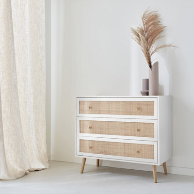 Sweeek - 3-Drawer Chest With Wood And Cane Effect Blanc Cassé 90X39X79 Cm - Boheme - image 1