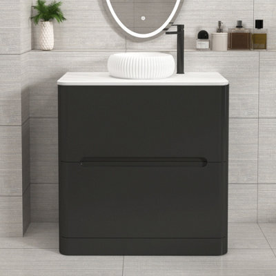 Royal Bathrooms Venice 800mm Matt Nocturne Black Freestanding Bathroom Countertop Vanity Unit 2 Drawer With Milan Basin - image 1
