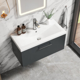 Balterley Bramshall Modern Bathroom Wall Hung 1 Soft Close Drawer Vanity Unit & Mid-Edge Basin, Dark Grey, 810mm - thumbnail 5