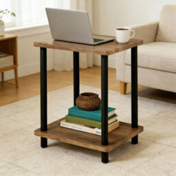 2-Tier Oak Finish Side Table, Small Shelf Coffee End Table For Bedroom Office - thumbnail 4