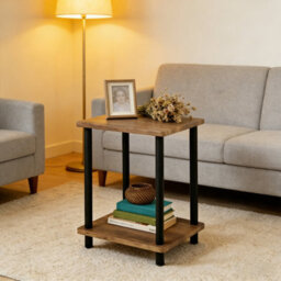 2-Tier Oak Finish Side Table, Small Shelf Coffee End Table For Bedroom Office - thumbnail 5