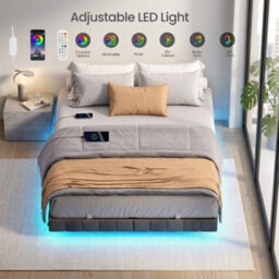 Ledrem King Floating Bed Frame With Led Lighting, Upholstered Sides, Charging Ports, Metal Platform Bed, Grey - thumbnail 5