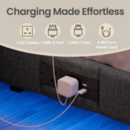 Ledrem King Floating Bed Frame With Led Lighting, Upholstered Sides, Charging Ports, Metal Platform Bed, Grey - thumbnail 7