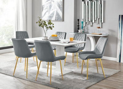 Furniturebox Imperia White High Gloss 6 Seater Dining Table With Structural 2 Plinth Column Legs 6 Grey Velvet Gold Leg Pesaro Chairs - image 1
