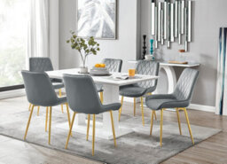 Furniturebox Imperia White High Gloss 6 Seater Dining Table With Structural 2 Plinth Column Legs 6 Grey Velvet Gold Leg Pesaro Chairs