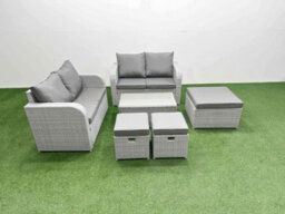 Fimous 7 Seater Outdoor Love Sofa Set Rattan Garden Furniture Set Rectangular Coffee Table 3 Footstool Light Grey - thumbnail 2