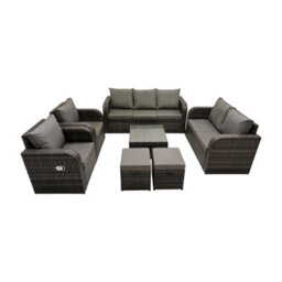 Fimous 3 Seater Sofa Reclining Chair Coffee Table Set Rattan Garden Outdoor Furniture Set With 2 Small Stool Dark Grey Mixed - thumbnail 1