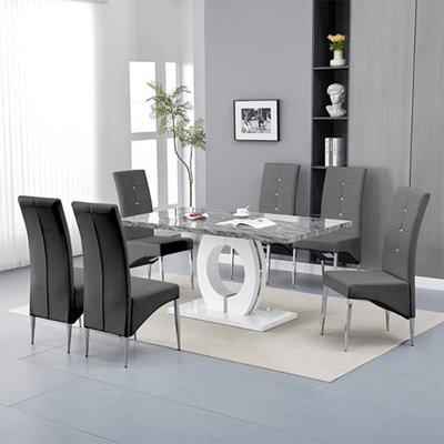 Furniture In Fashion Halo Melange Marble Effect Dining Table 6 Vesta Grey Chairs - image 1