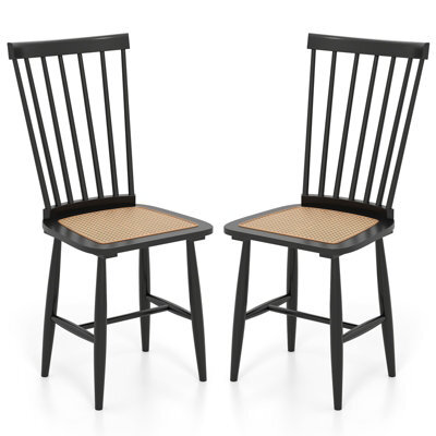 Gainoom Windsor Dining Chair Set Of 2 Farmhouse Mid-Century Wooden Chairs With Spindle Back And Pe Rattan Seat Black - image 1