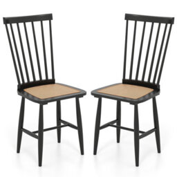 Gainoom Windsor Dining Chair Set Of 2 Farmhouse Mid-Century Wooden Chairs With Spindle Back And Pe Rattan Seat Black