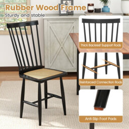 Gainoom Windsor Dining Chair Set Of 2 Farmhouse Mid-Century Wooden Chairs With Spindle Back And Pe Rattan Seat Black - thumbnail 4