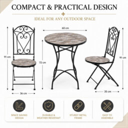 Shatchi Oasis Mosaic Bistro Set With Round Table And Folding Chairs For Patio Balcony And Garden Outdoor Dining - thumbnail 4