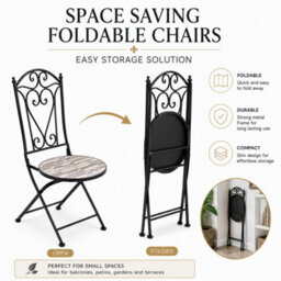 Shatchi Oasis Mosaic Bistro Set With Round Table And Folding Chairs For Patio Balcony And Garden Outdoor Dining - thumbnail 3