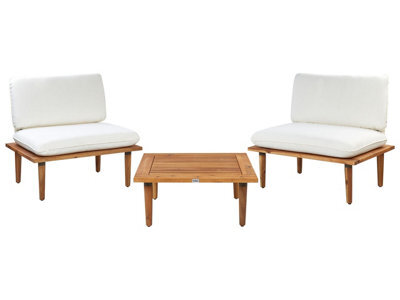 Wyld and Coco Gardenluxe Acacia Wood Outdoor Sofa Set With Off-White Cushions - 2 Seater Armchairs And Side Table - image 1