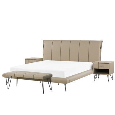 Beliani Bedroom Set Faux Leather Betin 180 X 200 Cm (Eu Super King) Sand Beige - image 1