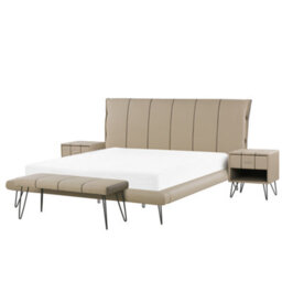 Beliani Bedroom Set Faux Leather Betin 180 X 200 Cm (Eu Super King) Dark Beige