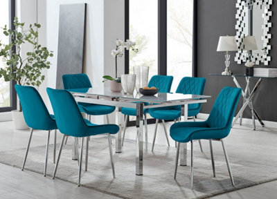 Furniturebox Uk 6 Seater Dining Set - Enna White Glass & Chrome Extendable Dining Table & Chairs - 6 Blue Velvet Pesaro Chairs - image 1