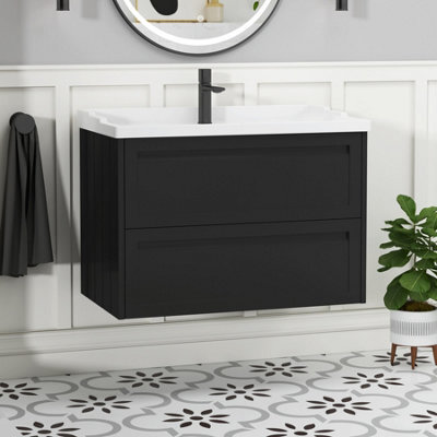 Royal Bathrooms Elmore 800mm Wall Hung 2 Drawer Bathroom Vanity Unit With Traditional Ceramic Basin Sink - Matt Nocturne Black - image 1