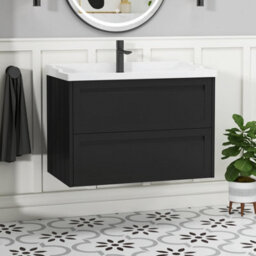 Royal Bathrooms Elmore 800mm Wall Hung 2 Drawer Bathroom Vanity Unit With Traditional Ceramic Basin Sink - Matt Nocturne Black - thumbnail 1