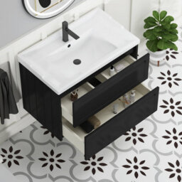 Royal Bathrooms Elmore 800mm Wall Hung 2 Drawer Bathroom Vanity Unit With Traditional Ceramic Basin Sink - Matt Nocturne Black - thumbnail 5