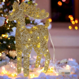 Urbn-Living Urbnliving Height 45Cm Set Of 2 Gold With Glitter Led Light Up Christmas Reindeer Rattan Metal Wire Stag Statue Decoration