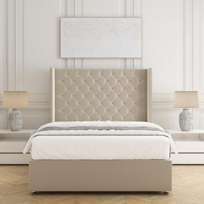Bsspoke Winchester Divan Bed Set Cream Plush Velvet 54Inch Wingedback Headboard & Mattress & No Drawers All Sizes Available - image 1