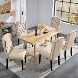 Beige Dining Chairs Set Of 2 Button Tufted Upholstered Dining Chairs With Wing Design - thumbnail 1