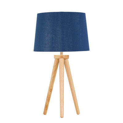 First Choice Lighting Voyage - Light Oak Table Lamp Bedside Light With Navy & Silver Shade - image 1