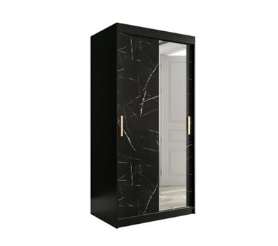Arte Compact Black Geneva T2 Sliding Door Wardrobe W1000mm H2000mm D620mm - Sleek Design, Gold Handles, Mirrored Door - image 1