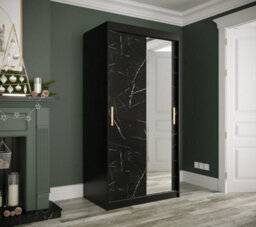 Arte Compact Black Geneva T2 Sliding Door Wardrobe W1000mm H2000mm D620mm - Sleek Design, Gold Handles, Mirrored Door - thumbnail 2