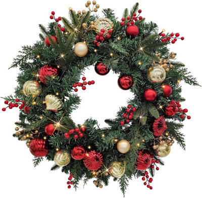 Artificial Christmas Wreath 60Cm Pre Lit With 35 Warm White Leds And Timer Faux Pine Greenery With Baubles And Berries Battery