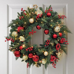 Artificial Christmas Wreath 60Cm Pre Lit With 35 Warm White Leds And Timer Faux Pine Greenery With Baubles And Berries Battery - thumbnail 3