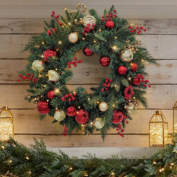 Artificial Christmas Wreath 60Cm Pre Lit With 35 Warm White Leds And Timer Faux Pine Greenery With Baubles And Berries Battery - thumbnail 2