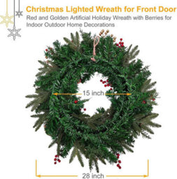 Artificial Christmas Wreath 60Cm Pre Lit With 35 Warm White Leds And Timer Faux Pine Greenery With Baubles And Berries Battery - thumbnail 7