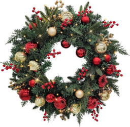 Artificial Christmas Wreath 60Cm Pre Lit With 35 Warm White Leds And Timer Faux Pine Greenery With Baubles And Berries Battery - thumbnail 1