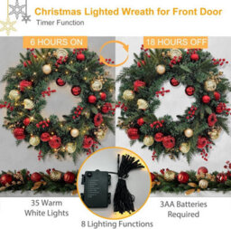 Artificial Christmas Wreath 60Cm Pre Lit With 35 Warm White Leds And Timer Faux Pine Greenery With Baubles And Berries Battery - thumbnail 5
