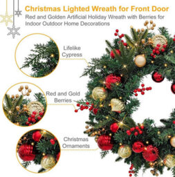 Artificial Christmas Wreath 60Cm Pre Lit With 35 Warm White Leds And Timer Faux Pine Greenery With Baubles And Berries Battery - thumbnail 4
