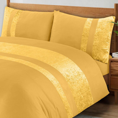Casabella Luxury Crushed Velvet Panel Band Duvet Cover Sets With Pillow Case Super King Duvet Cover Bedding Set Ochre - image 1