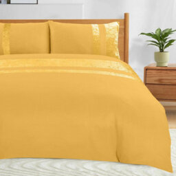 Casabella Luxury Crushed Velvet Panel Band Duvet Cover Sets With Pillow Case Super King Duvet Cover Bedding Set Ochre - thumbnail 5