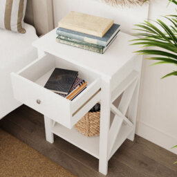 Urbn-Living Urbnliving 60Cm Height White Wooden 1-Drawer Bedside Sofa Side End Table X-Frame Nightstand With Storage Shelf - thumbnail 3