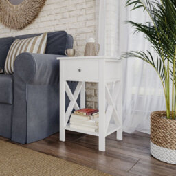 Urbn-Living Urbnliving 60Cm Height White Wooden 1-Drawer Bedside Sofa Side End Table X-Frame Nightstand With Storage Shelf - thumbnail 2