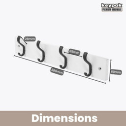 Keypak Wall-Mounted Coat Rack - 4 Hooks On Modern Wooden Base For Wall & Door - 38Cm (Matte Black/white) - thumbnail 3